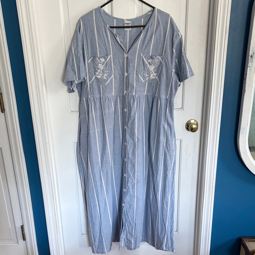 Vintage Light Blue and White Striped Button-Front Dress